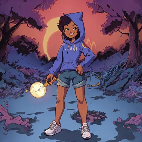 high quality 3d image of <lora:luz_noceda:0.7>, full body, smiling, looking at the camera, masterpiece, high detail, shorts, hoody
