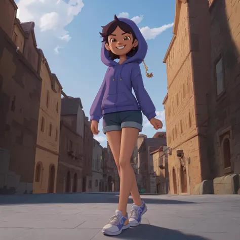 high quality 3d image of <lora:luz_noceda:0.7>, full body, smiling, looking at the camera, masterpiece, high detail, shorts, hoody