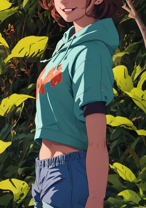 high quality 3d image of <lora:luz_noceda:0.7>,close up,smiling,looking at the camera,masterpiece,high detail,shorts,hoody,in a forest,exposed midriff,standing,
