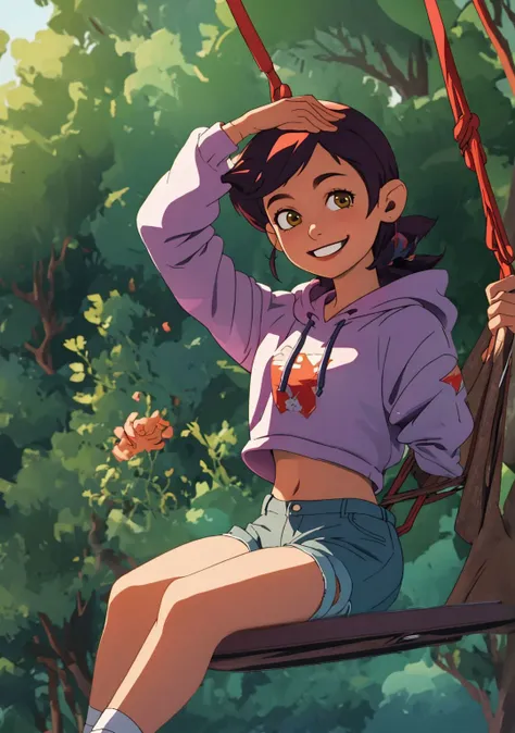 high quality 3d image of <lora:luz_noceda:0.7>,close up,smiling,looking at the camera,masterpiece,high detail,shorts,hoody,in a forest,exposed midriff,((hands above head)),sitting in  swing,holding rope,