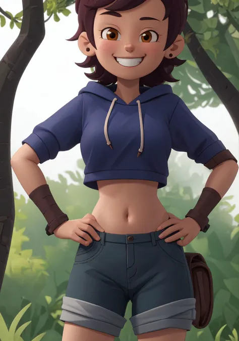 high quality 3d image of <lora:luz_noceda:0.7>,close up,smiling,looking at the camera,masterpiece,high detail,shorts,hoody,in a forest,exposed midriff,standing,hands on hips,