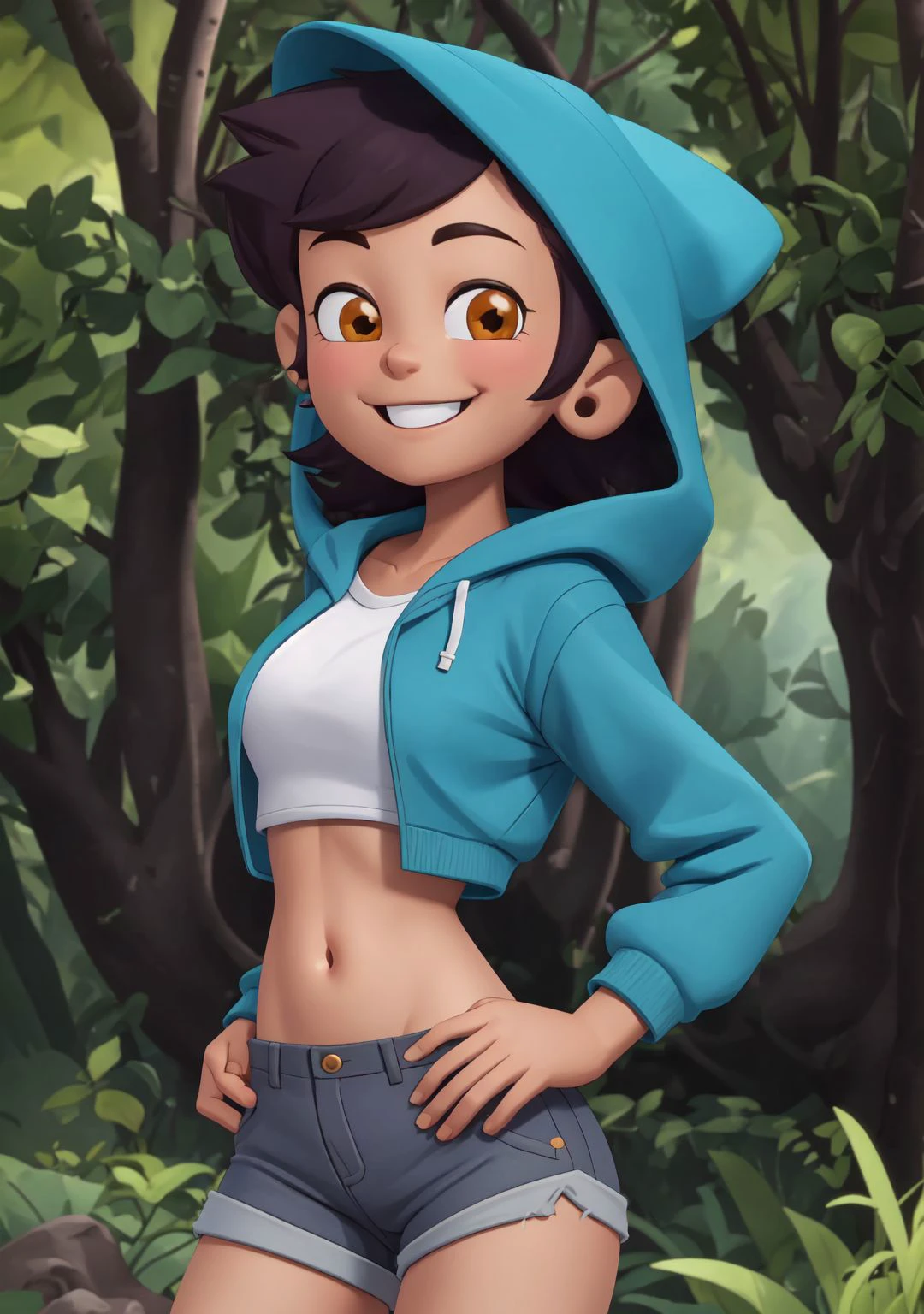 high quality 3d image of <lora:luz_noceda:0.7>,close up,smiling,looking at the camera,masterpiece,high detail,shorts,hoody,in a forest,exposed midriff,standing,