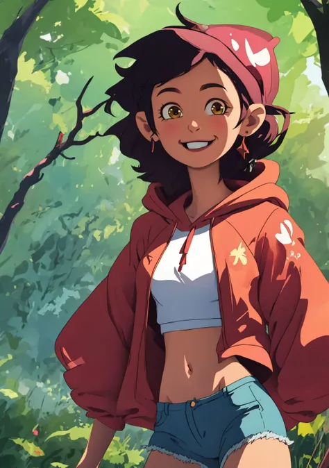high quality 3d image of <lora:luz_noceda:0.7>,close up,smiling,looking at the camera,masterpiece,high detail,shorts,hoody,in a forest,exposed midriff,standing,
