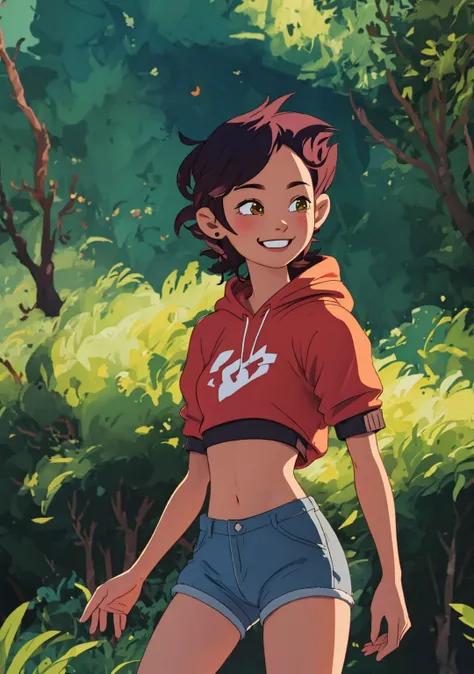 high quality 3d image of <lora:luz_noceda:0.7>,close up,smiling,looking at the camera,masterpiece,high detail,shorts,hoody,in a forest,exposed midriff,standing,