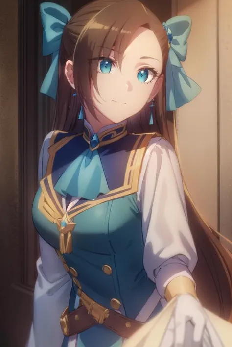 catarinaclaes, <lora:catarina claes s2-lora-nochekaiser:1>,
catarina claes, long hair, bangs, brown hair, blue eyes, asymmetrical bangs, smile,
BREAK hair ornament, gloves, dress, bow, jewelry, jacket, short sleeves, hair bow, earrings, white gloves, bracelet, ascot, blue dress, blue bow, brooch, high collar, long dress, blue ascot,
BREAK indoors,
BREAK looking at viewer, (cowboy shot:1.5),
BREAK <lyco:GoodHands-beta2:1>, (masterpiece:1.2), best quality, high resolution, unity 8k wallpaper, (illustration:0.8), (beautiful detailed eyes:1.6), extremely detailed face, perfect lighting, extremely detailed CG, (perfect hands, perfect anatomy),