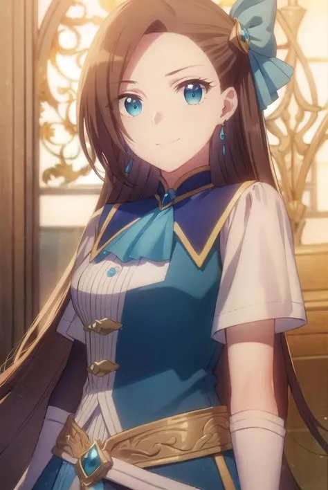 catarinaclaes, <lora:catarina claes s2-lora-nochekaiser:1>,
catarina claes, long hair, bangs, brown hair, blue eyes, asymmetrical bangs, smile,
BREAK hair ornament, gloves, dress, bow, jewelry, jacket, short sleeves, hair bow, earrings, white gloves, bracelet, ascot, blue dress, blue bow, brooch, high collar, long dress, blue ascot,
BREAK indoors,
BREAK looking at viewer, (cowboy shot:1.5),
BREAK <lyco:GoodHands-beta2:1>, (masterpiece:1.2), best quality, high resolution, unity 8k wallpaper, (illustration:0.8), (beautiful detailed eyes:1.6), extremely detailed face, perfect lighting, extremely detailed CG, (perfect hands, perfect anatomy),