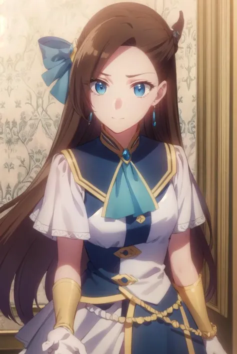 catarinaclaes, <lora:catarina claes s2-lora-nochekaiser:1>,
catarina claes, long hair, bangs, brown hair, blue eyes, asymmetrical bangs, smile,
BREAK hair ornament, gloves, dress, bow, jewelry, jacket, short sleeves, hair bow, earrings, white gloves, bracelet, ascot, blue dress, blue bow, brooch, high collar, long dress, blue ascot,
BREAK indoors,
BREAK looking at viewer, (cowboy shot:1.5),
BREAK <lyco:GoodHands-beta2:1>, (masterpiece:1.2), best quality, high resolution, unity 8k wallpaper, (illustration:0.8), (beautiful detailed eyes:1.6), extremely detailed face, perfect lighting, extremely detailed CG, (perfect hands, perfect anatomy),