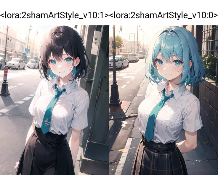 kawaii 1girl, (skindantation)
,
from above
vermilion eyes,
upper body, cowboy shot,
- coral hair,
short hair ,
hime cut,
wavy hair ,
asymmetrical bangs,
sideburns ,
naughty smile,
nose blush ,
vivid indigo collared_shirt, vertical stripes, necktie aqua checked skirt, drawers loose socks monk strap
downtown Traffic signals Street lights Neon signs Decorative signs building sunlight, depth of field, strong light coming in light rays light sparkles lens flare
arms behind back <lora:2shamArtStyle_v10:1>