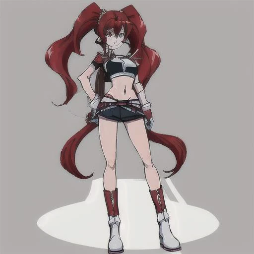 <lora:Hildegard_Crossange-10:1>masterpeace,best quality,1girl, solo, long hair,red miniskirt,navel, twintails, red hair, boots, midriff, fingerless gloves, white footwear, high heel boots,midriff,Purple Eyes,standing,full body