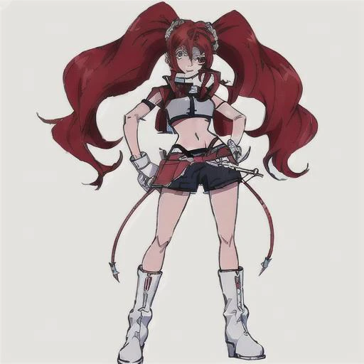 <lora:Hildegard_Crossange-10:1>masterpeace,best quality,1girl, solo, long hair,red miniskirt,navel, twintails, red hair, boots, midriff, fingerless gloves, white footwear, high heel boots,midriff,Purple Eyes,standing,full body