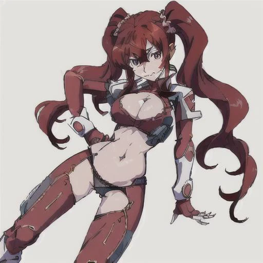 <lora:Hildegard_Crossange-10:1>1girl, solo, long hair,large breasts,thighhighs, navel, cleavage, twintails, underwear, red hair, boots, fingerless gloves,black panties, clothing cutout, body suit, cleavage cutout, scrunchie, lowleg,Purple Eyes