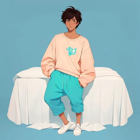 best quality, high quality, Masterpiece, (Full body shot:1.8), cute anime illustration of a male sitting on a bed, loose fitted clothes, oversized comfy clothes, dark Neon Pastel colour scheme,