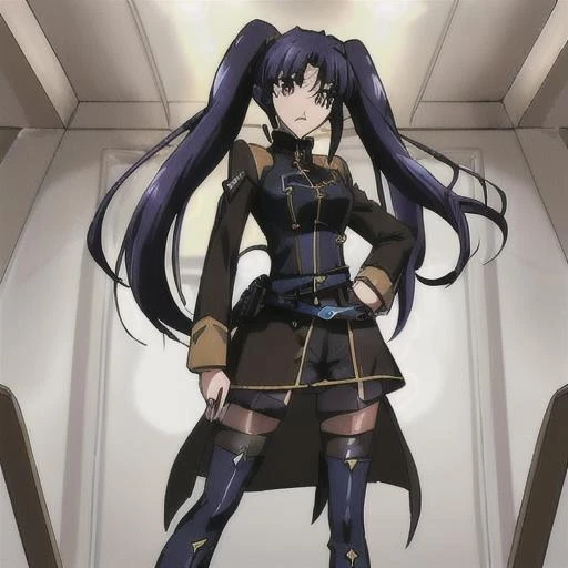 <lora:Salia_Crossange-10:1>masterpeace,best quality,Salia_Crossange, 1girl, solo, long hair,thighhighs, long sleeves, twintails, brown eyes, blue hair, pantyhose, boots, belt, black footwear, uniform, military uniform, thigh boots