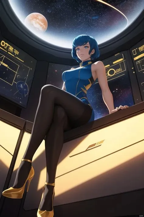 the space queen, golden edging, tall female, (short blue hair: 0.9), (sci-fi: 0.9), sleeveless, high heels, pantyhose, high detail, masterpiece, (amazing quality: 1.1), (detailed: 0.91), cinematic lighting, command center, cockpit, planets, stars, space, dof, masterful shading, (crossed legs: 1.21), interior, beautiful figure, cinematic lighting, soft shadows, from above