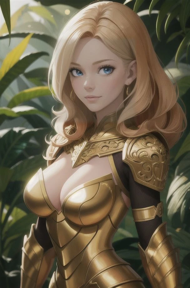 stunning woman, golden armor, high detail, jungle background, curly hair, bokeh, armor, blurred background, looking at viewer, (masterpiece: 1.1), (best quality: 1.2), absurdres, intricate details, (highly detailed skin: 1.2), DOF