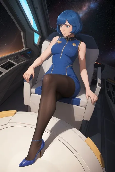 the space queen, golden edging, tall female, (short blue hair: 0.9), (sci-fi: 0.9), sleeveless, high heels, pantyhose, high detail, masterpiece, (amazing quality: 1.1), (detailed: 0.91), cinematic lighting, command center, cockpit, planets, stars, space, dof, masterful shading, (crossed legs: 1.21), interior, beautiful figure, cinematic lighting, soft shadows, from above