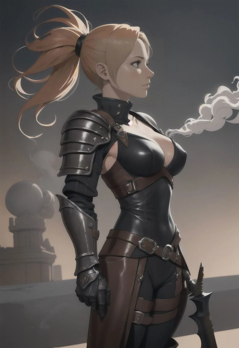 fantasy ninja, detailed leather armor, feminine, female, 1girl, high detail, (final fantasy tactics: 1.21), masterpiece, (amazing quality: 1.1), (detailed: 0.91), cinematic lighting, dof, masterful shading, beautiful figure, cinematic lighting, war, weapons, smoke and ash