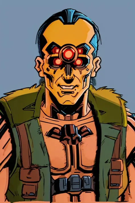 CyberDumDum in the style of xmtas1992, cartoon, flat colours, simple background,  <lora:xmtas1992:0.9>,    <lora:CyberDumDum:0.8>, cybernetic eyes, glowing red eyes,