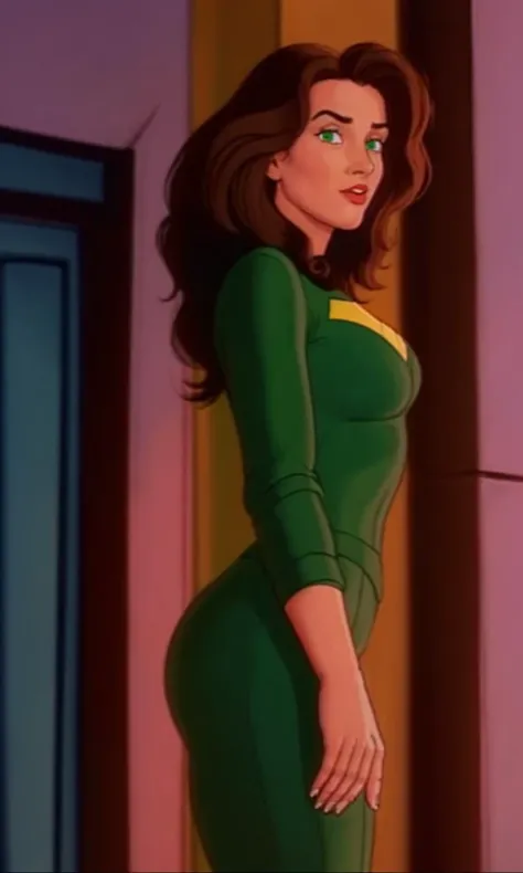xmtas1992,1 girl, brown hair, green suit, cartoon, spandex,