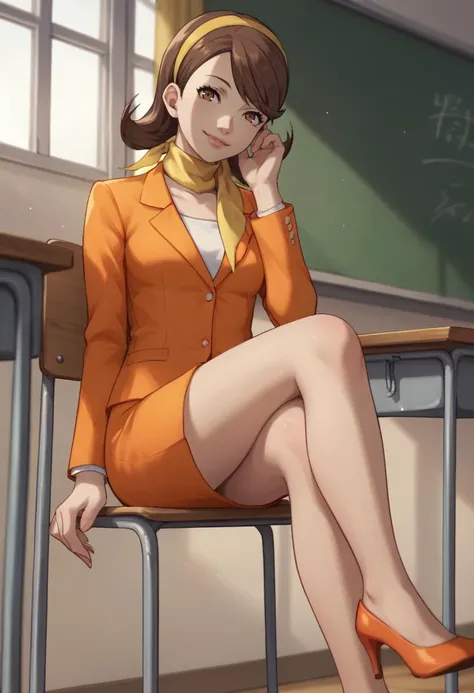 score_9, score_8_up, score_7_up, source_anime, 1girl, looking at viewer, smile, <lora:zs_TerauchiXL:1> terauchip3, brown hair, medium hair, brown eyes, blazer, orange skirt, scarf, hairband, high heels, crossed legs, classroom