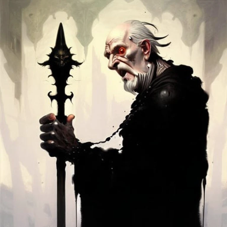 newhorrorfantasy_style, a tall old man wearing an all-black clothes, thin, long white mustache, no bread, pointed ears, sharp teeth