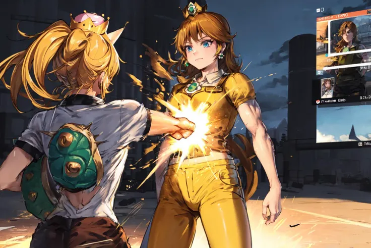 masterpiece, best quality, highres, ultra-detailed, IncrsPunchingArmstrongMeme, gameplay mechanics ADDCOMM
bowsette, from behind, punching ADDCOL
Daisy_SM, princess daisy, yellow pants, muscular, standing