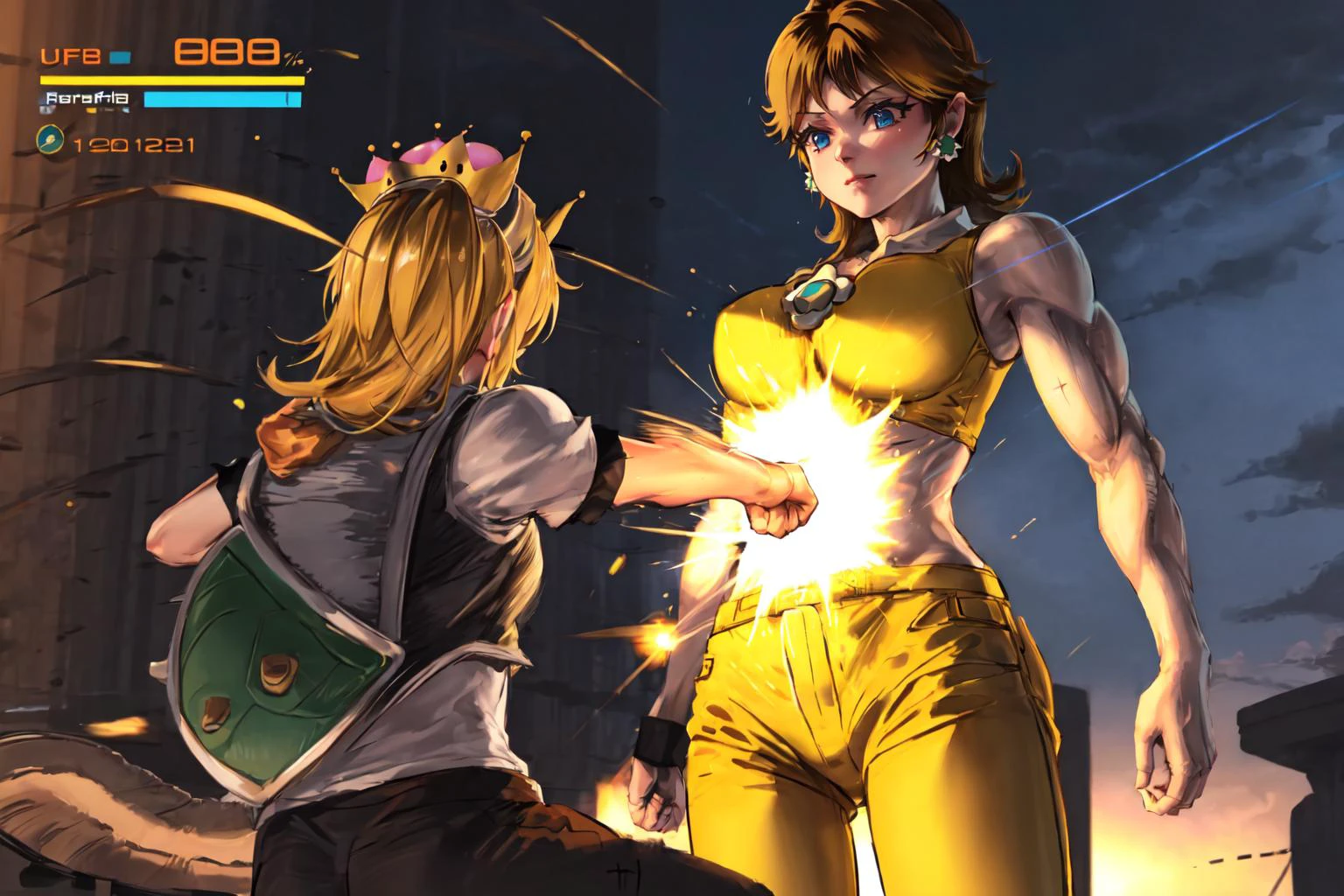masterpiece, best quality, highres, ultra-detailed, IncrsPunchingArmstrongMeme, gameplay mechanics ADDCOMM
bowsette, from behind, punching ADDCOL
Daisy_SM, princess daisy, yellow pants, muscular, standing