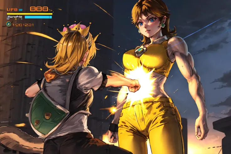 masterpiece, best quality, highres, ultra-detailed, IncrsPunchingArmstrongMeme, gameplay mechanics ADDCOMM 
bowsette, from behind, punching ADDCOL
Daisy_SM, princess daisy, yellow pants, muscular, standing