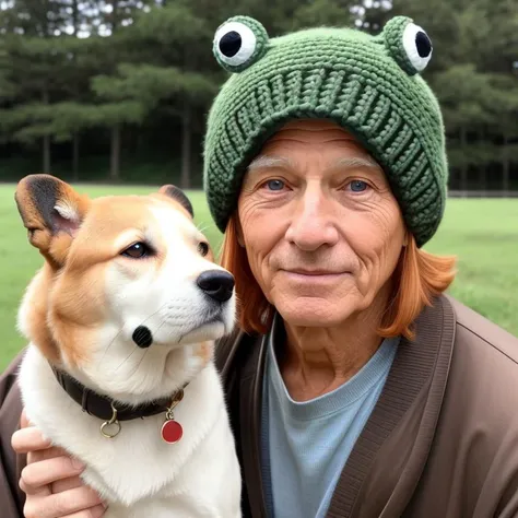<lora:green_ois_hat:1.0>A wise elderly Caucasian man with blue eyes and red hair in a sage-colored ois hat with a pair of frog eyes BREAK, walking his loyal dog at dawn, his shoes dew-kissed from the morning grass, in a peaceful watercolor style.