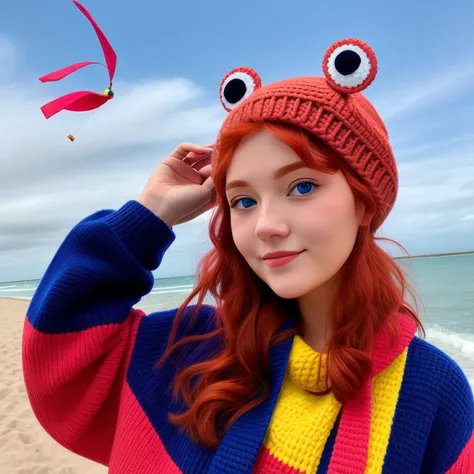 <lora:green_ois_hat:1.0>A carefree Caucasian woman with blue eyes and red hair in a blue ois hat with a pair of frog eyes BREAK, playfully flying a kite on a windy beach, her sandals buried in the warm sand, in a playful pop-art style.
