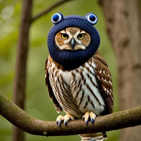 <lora:green_ois_hat:1.0>A dignified owl in a midnight blue ois hat with a pair of frog eyes BREAK, perched on a branch, its talons gripping the bark, in an art deco style.