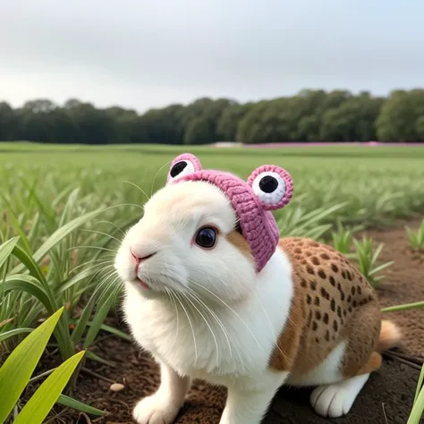 <lora:green_ois_hat:1.0>A rabbit wearing a pink ois hat with pair frog eyes BREAK in a field of clover, in a botanical illustration style.