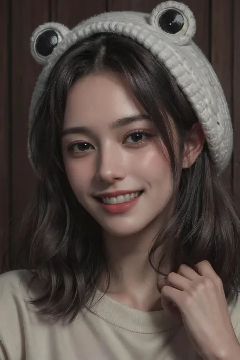 1girl, happy, big_smile, laughing, frog hat, hands holding ears, hands up, teeth, pale skin, aged down, close-up, looking at viewer, smiling eyes, black eyes, plump, outdoors, on grass,
(RAW photo), (best quality),(realistic, photo-realistic:1.2),(extremely delicate and beautiful:1.1),Amazing,finely detail,masterpiece,ultra-detailed,highres,,(extremely intricate:1.2),(exquisitely detailed skin),cinematic light, ,sharp focus,, 8k, high quality,
<lora:green_ois_hat:0.8> <lora:add_detail:0.6> <lora:LowRA:0.2>