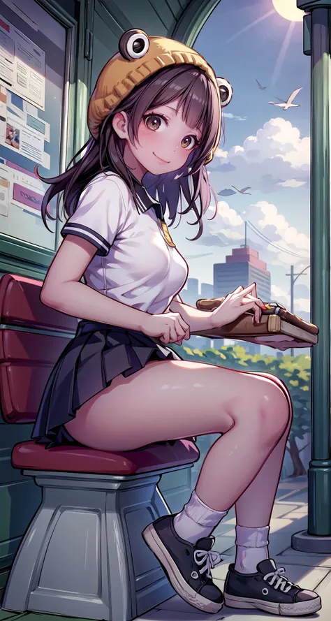 (masterpiece),(intricate details),1girl,mature female,brown eyes,Sleek long hair, ,large breasts,blush:1.3,
BREAK
white polo shirt,pleated skirt,socks,converse,depth of field,looking at viewer,cowboy shot,((sit on the , Cigar_bar,)),((full body)),polka dot panties,smirk,<lora:green_ois_hat:1>,frog hat
BREAK
day,sun,rainbow,bus stop,((cumulonimbus)),from side:1.4