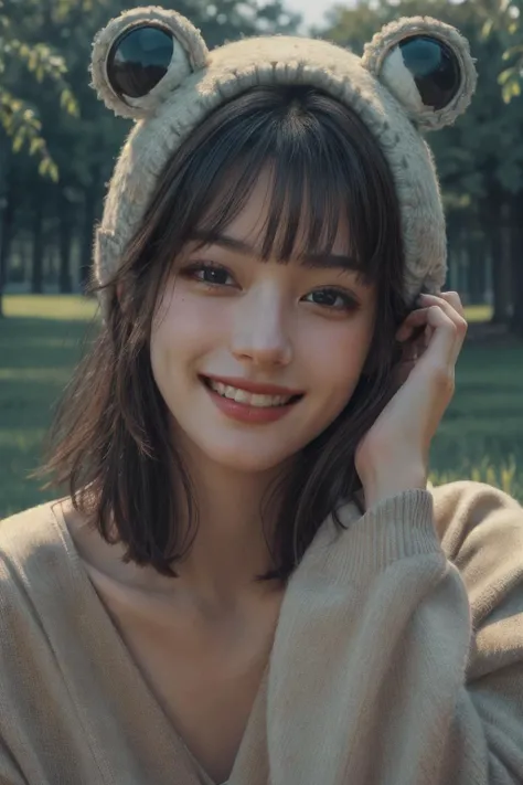 1girl, happy, big_smile, laughing, open mouth, frog hat, hands holding ears, hands up, teeth, pale skin, aged down, close-up, looking at viewer, smiling eyes, black eyes, plump, outdoors, on grass, blush, light on face,
(RAW photo), (best quality),(realistic, photo-realistic:1.2),(extremely delicate and beautiful:1.1),Amazing,finely detail,masterpiece,ultra-detailed,highres,,(extremely intricate:1.2),(exquisitely detailed skin),cinematic light, ,sharp focus,, 8k, high quality,
<lora:green_ois_hat:0.8> <lora:add_detail:0.6> <lora:LowRA:0.0>