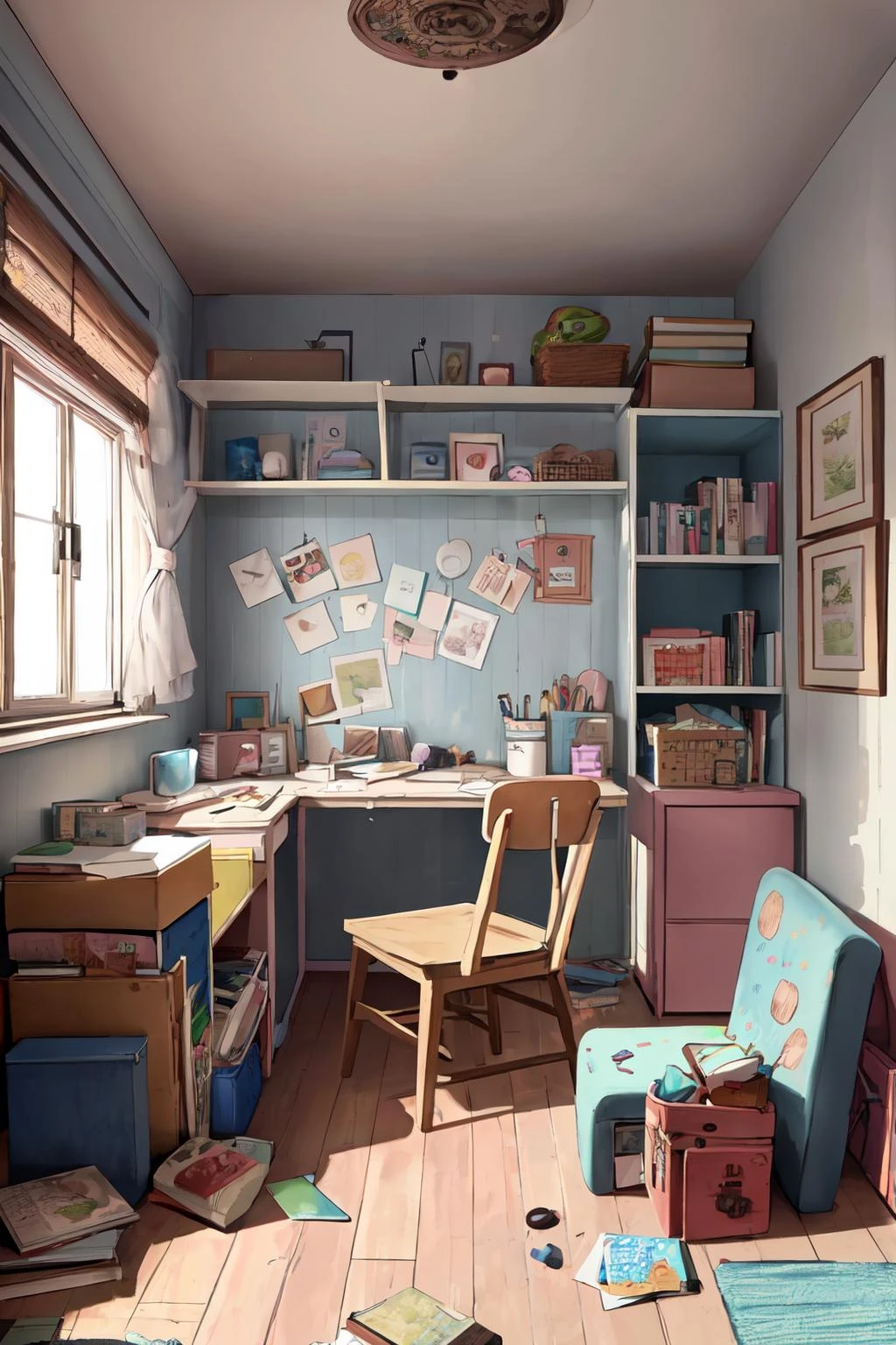 <lora:ARWchildreninterior:1>, childreninterior room, indoor, room, pastel color wallpaper, book shelf, desk, chair,
(best quality, masterpiece, RAW photo,ultra-detailed:1.2), <lyco:GoodHands-beta2:1.0>, 1girl, full body, (Clutter-Home:1)