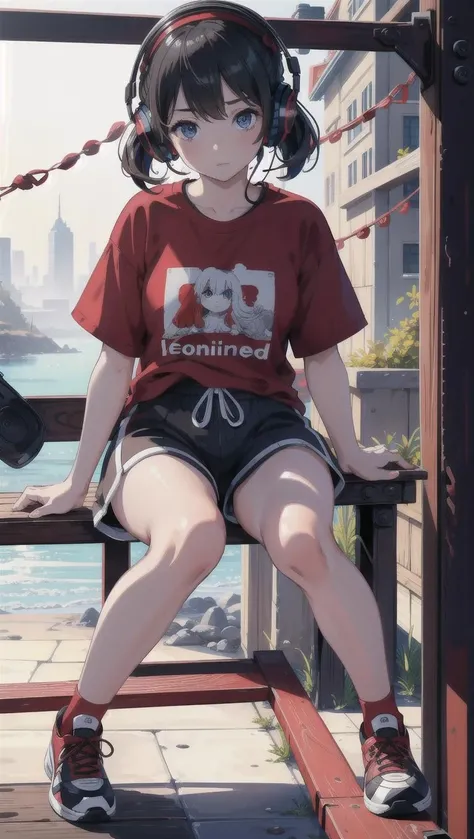 high quality, high resolution, extreme detail, masterpiece, 1girl, [closeup] sitting at a bench, red t-shirt, black shorts, sneakers, wearing headphones, ((high quality eyes)), [looking at the viewer], intricate details, [volumetric fog], cinematic lighting, photographed on a Canon EOS R5