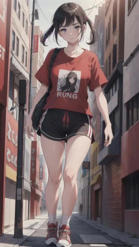 high quality, high resolution, extreme detail, masterpiece, 1girl, [closeup] walking through the city, red t-shirt, black shorts, sneakers, wearing headphones, ((high quality eyes)), [looking at the viewer], intricate details, [volumetric fog], cinematic lighting, photographed on a Canon EOS R5