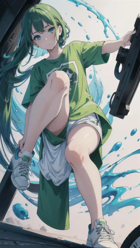 high quality, high resolution, extreme detail, masterpiece, 1girl, [closeup] portrait, simple solid background, green t-shirt, white shorts, sneakers, ((high quality eyes)), [looking at the viewer], intricate details, [volumetric fog], cinematic lighting, photographed on a Canon EOS R5