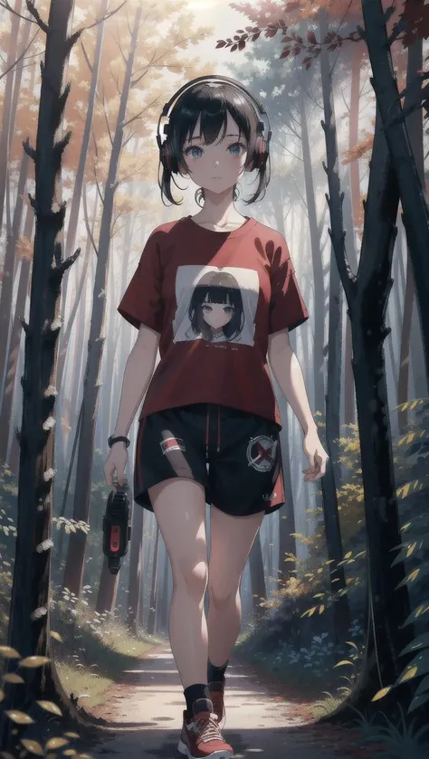 high quality, high resolution, extreme detail, masterpiece, 1girl, [closeup] walking in the woods at night, red t-shirt, black shorts, sneakers, wearing headphones, ((high quality eyes)), [looking at the viewer], intricate details, [volumetric fog], cinematic lighting, photographed on a Canon EOS R5