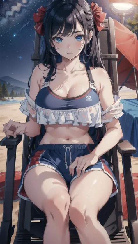 high quality, high resolution, extreme detail, masterpiece, 1girl, [closeup] sitting on a camping chair, starry sky, closeup, red sports bra, blue shorts, ((high quality eyes)), [looking at the viewer], intricate details, [volumetric fog], cinematic lighting, photographed on a Canon EOS R5