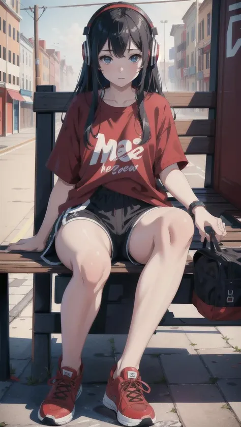 high quality, high resolution, extreme detail, masterpiece, 1girl, [closeup] sitting at a bench, red t-shirt, black shorts, sneakers, wearing headphones, ((high quality eyes)), [looking at the viewer], intricate details, [volumetric fog], cinematic lighting, photographed on a Canon EOS R5