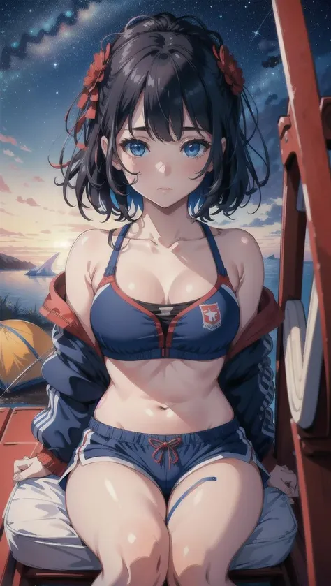 high quality, high resolution, extreme detail, masterpiece, 1girl, [closeup] sitting on a camping chair, starry sky, closeup, red sports bra, blue shorts, ((high quality eyes)), [looking at the viewer], intricate details, [volumetric fog], cinematic lighting, photographed on a Canon EOS R5