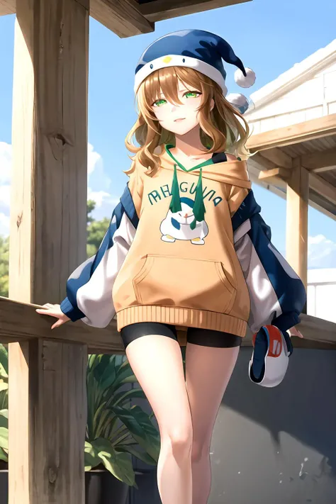 masterpiece, (best quality), vibrant colors ,natural lighting ,RTX, perfect proportions, beautiful, detailed face, (perfect eyes:1.1) ,(photorealistic:1.1), 8k uhd, outdoors, simple background, amicia michella, 1girl, solo, long hair, brown hair, long sleeves, hat, green eyes, jacket, shorts, hood, off shoulder, hoodie, black shorts, sandals, bike shorts, blue headwear, drawstring, orange hoodie, half closed eyes, Standing with one leg bent, <lora:AmiciaMichella:0.8>