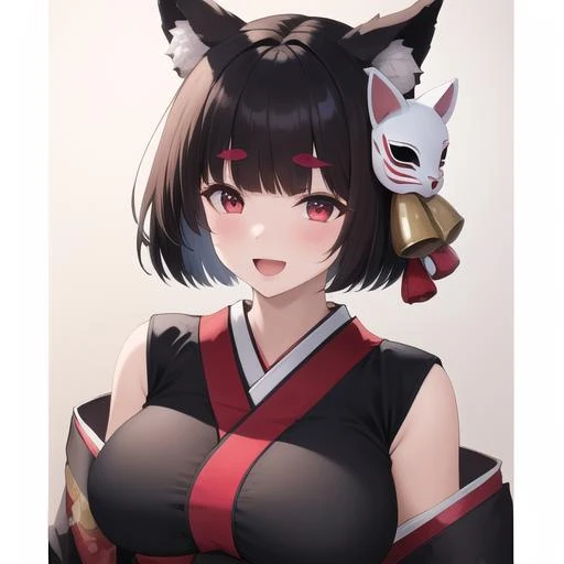(masterpiece, best quality:1.2),illustration,8k,hd,absurdres,1girl,solo,cowboy shot,animal_ears,japanese_clothes,black_hair,mask,mismatched_eyebrows,mask_on_head,sideboob,large_breasts,open_mouth,cat_ears,short_hair,red_eyes,black_kimono,white thighhighs,bell,wide_sleeves,:d,cat_mask,jingle_bell,bangs,blunt_bangs,animal_ear_fluff,<lora:Yamashiro(azur)>,
