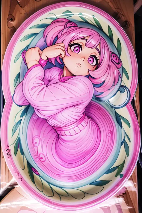 1girl,(plate:1.6) (witch:1.3), Futuristic,Neon,Chubby,Round Breasts,Resting on a diagonal,Very Short Hair,Braided Buns,(pink Topcoat,pink Skirt:1.3),umamusume,Sneakers ,(masterpiece,detailed,highres:1.4) <lora:plate:1.2>
