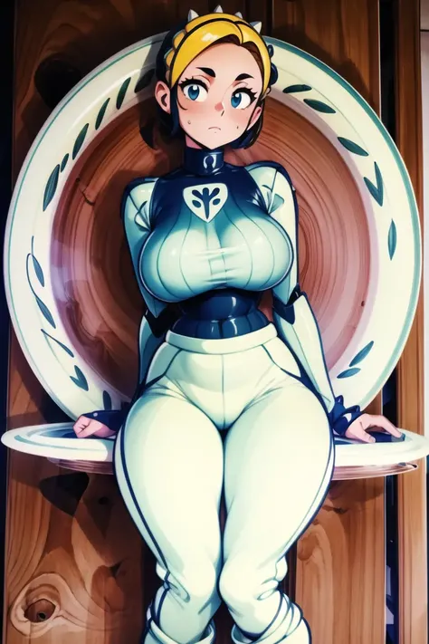 1girl,(plate:1.6) (mecha:1.3), Bright,Library,Musclegut,Fat Breasts,Sitting with elbows on knees,Very Short Hair,French Braid,(tan Turtleneck,white Joggers:1.3),One Piece,Spiked Choker ,(masterpiece,detailed,highres:1.4) <lora:plate:1.2>