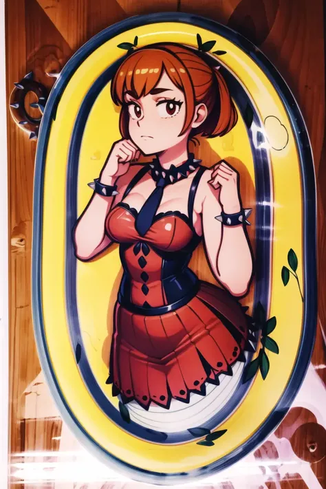 1girl,(plate:1.6) (illustration:1.3), Sunrise,Balcony,Plus Size,Very Small Breasts,Look Back,Short Hair,Pigtails,(brown Necktie,auburn Skirt:1.3),fate/grand order,Spiked Bracelet ,(masterpiece,detailed,highres:1.4) <lora:plate:1.2>