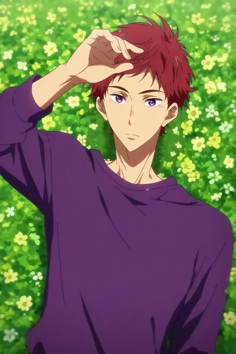 score_9, score_8_up, score_7_up, source_anime, rating_safe, , anime screencap, , official style, , depth of field, 1boy, solo, male focus, <lora:asahi_shiina_pony:0.92>, asahi_shiina, red hair, purple eyes, short hair, from above, flower field, flowers, midnight, lying, on back, heart eyes, , <lora:sdxl_lightning_8step_lora:1>