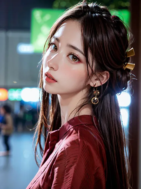 fantasy anime, , depth of field, Masterpiece, intricate, hyper detailed, , bokeh, high resolution, sharp detail, best quality, depth of field,
1girl, black hair, (red:0.82) colored inner hair red, looking at viewer,
hair ornament, , dynamic pose, earrings, , neon in station, night, , (from front:1.3),
<lora:DakiV4:0.6> dakiv4, tied hair,